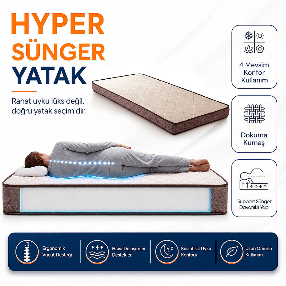 Hyper Sünger Ortopedik Tek Kişilik Yatak 90x190x12 cm - 1