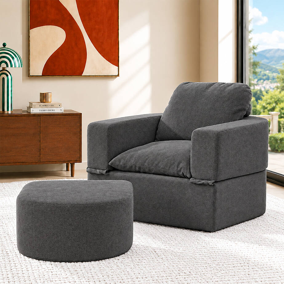 Sofa Bed Katlanır Yatak Olabilen Berjer Koltuk Puf Seti Antrasit - 1