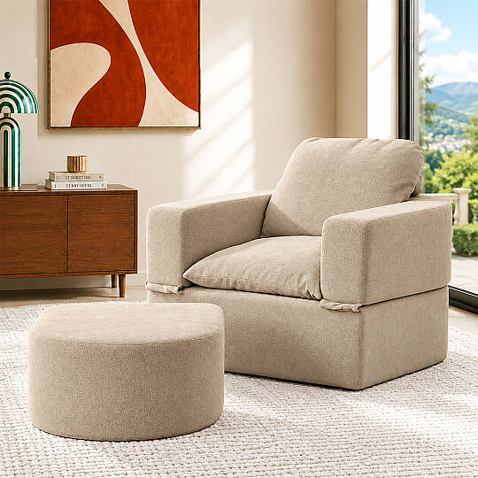 Sofa Bed Katlanır Yatak Olabilen Berjer Koltuk Puf Seti Krem