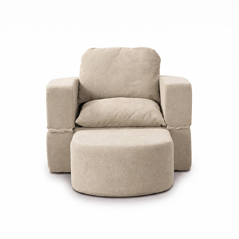 Sofa Bed Katlanır Yatak Olabilen Berjer Koltuk Puf Seti Krem - 4