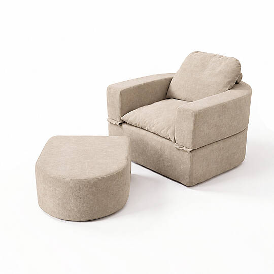 Sofa Bed Katlanır Yatak Olabilen Berjer Koltuk Puf Seti Krem - 6