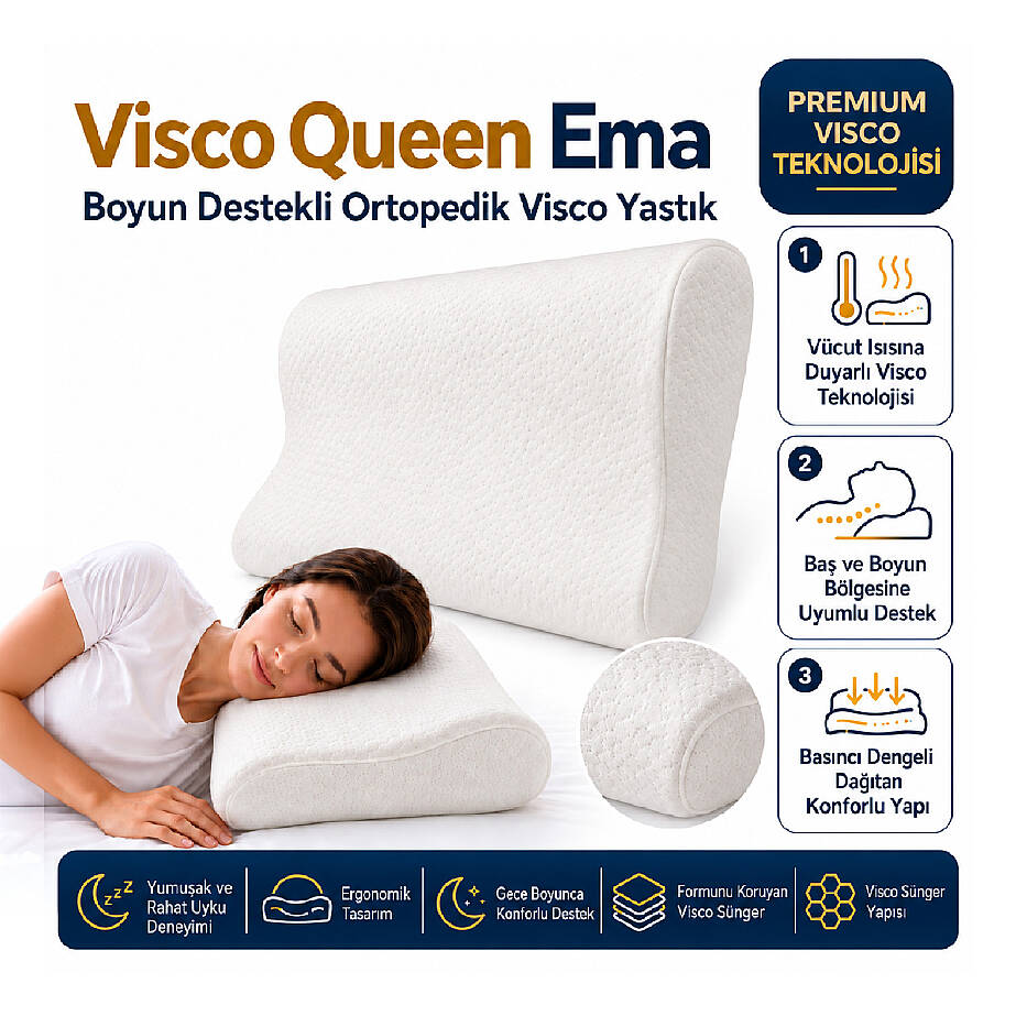 Visco Queen Ema Boyun Destekli Ortopedik Visco Yastık 55x35x12 cm 2'li - 2