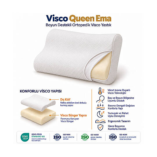 Visco Queen Ema Boyun Destekli Ortopedik Visco Yastık 55x35x12 cm - 3