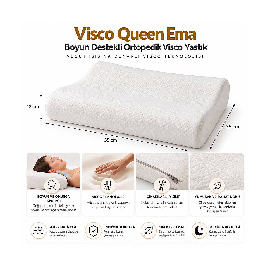 Visco Queen Ema Boyun Destekli Ortopedik Visco Yastık 55x35x12 cm - 6
