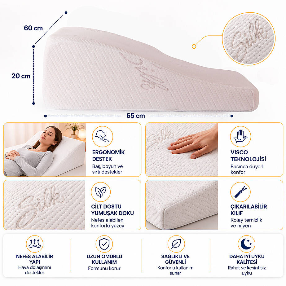 Visco Reflux Dik Açılı Silk Kumaş Reflü Yastığı 65x60x20 cm - 5