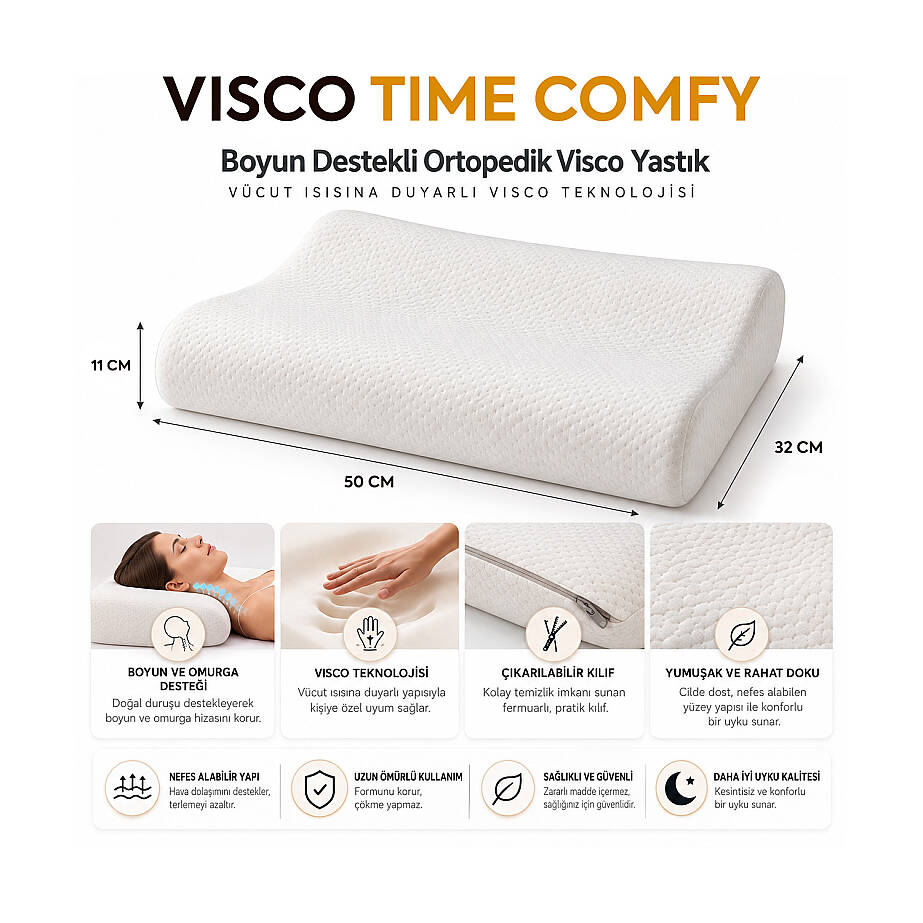 Visco Time Comfy Boyun Destekli Ortopedik Visco Yastık 50x32x11 cm 2'li - 3