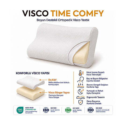 Visco Time Comfy Boyun Destekli Ortopedik Visco Yastık 50x32x11 cm 2'li - 6