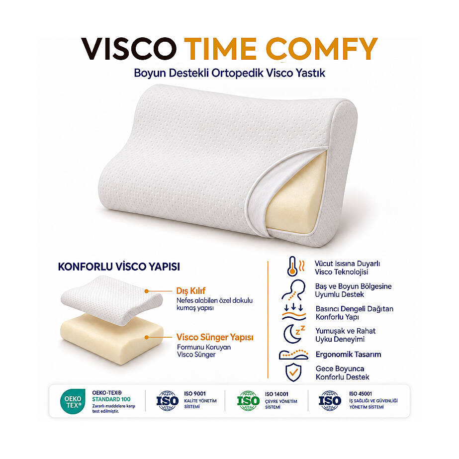 Visco Time Comfy Boyun Destekli Ortopedik Visco Yastık 50x32x11 cm 2'li - 6