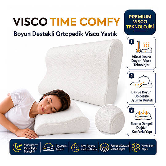 Visco Time Comfy Boyun Destekli Ortopedik Visco Yastık 50x32x11 cm - 2