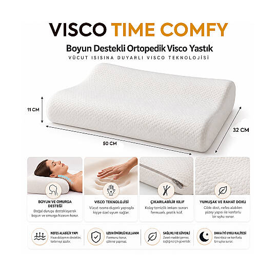 Visco Time Comfy Boyun Destekli Ortopedik Visco Yastık 50x32x11 cm - 3